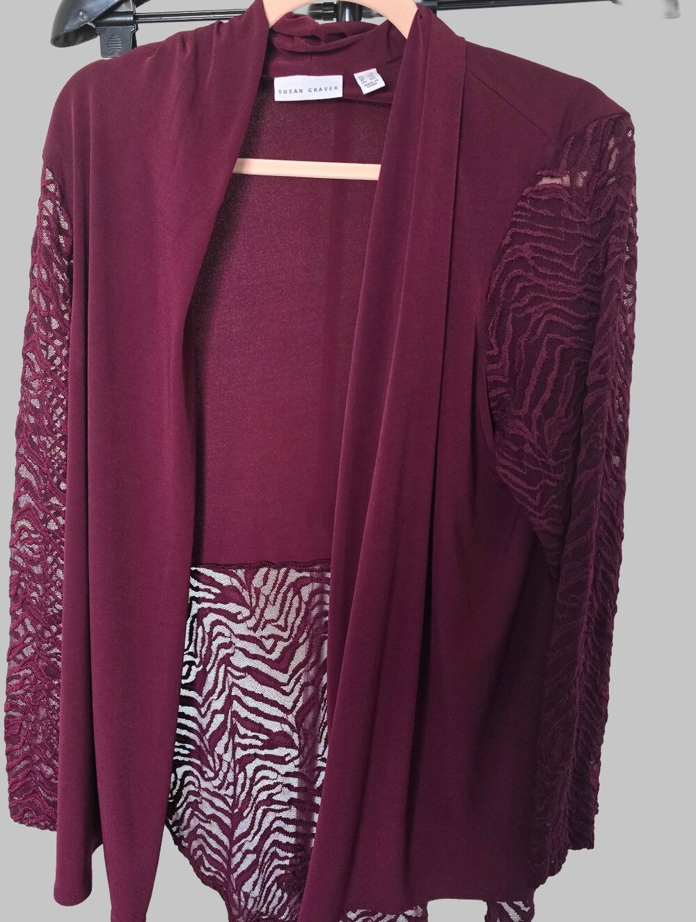 Susan Graver Wine Open-Front Cardigan with Lace Zebra-Sleeves. Size 1X